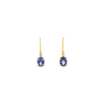 9ct yellow gold oval tanzanite drop earrings with four-claw settings.