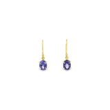 9ct yellow gold oval tanzanite drop earrings with four-claw settings.