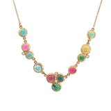 14ct yellow gold necklet with scattered bezel set cabochon tourmalines and diamond accents on trace chain.