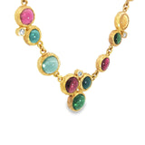 14ct yellow gold necklet with scattered bezel set cabochon tourmalines and diamond accents on trace chain.