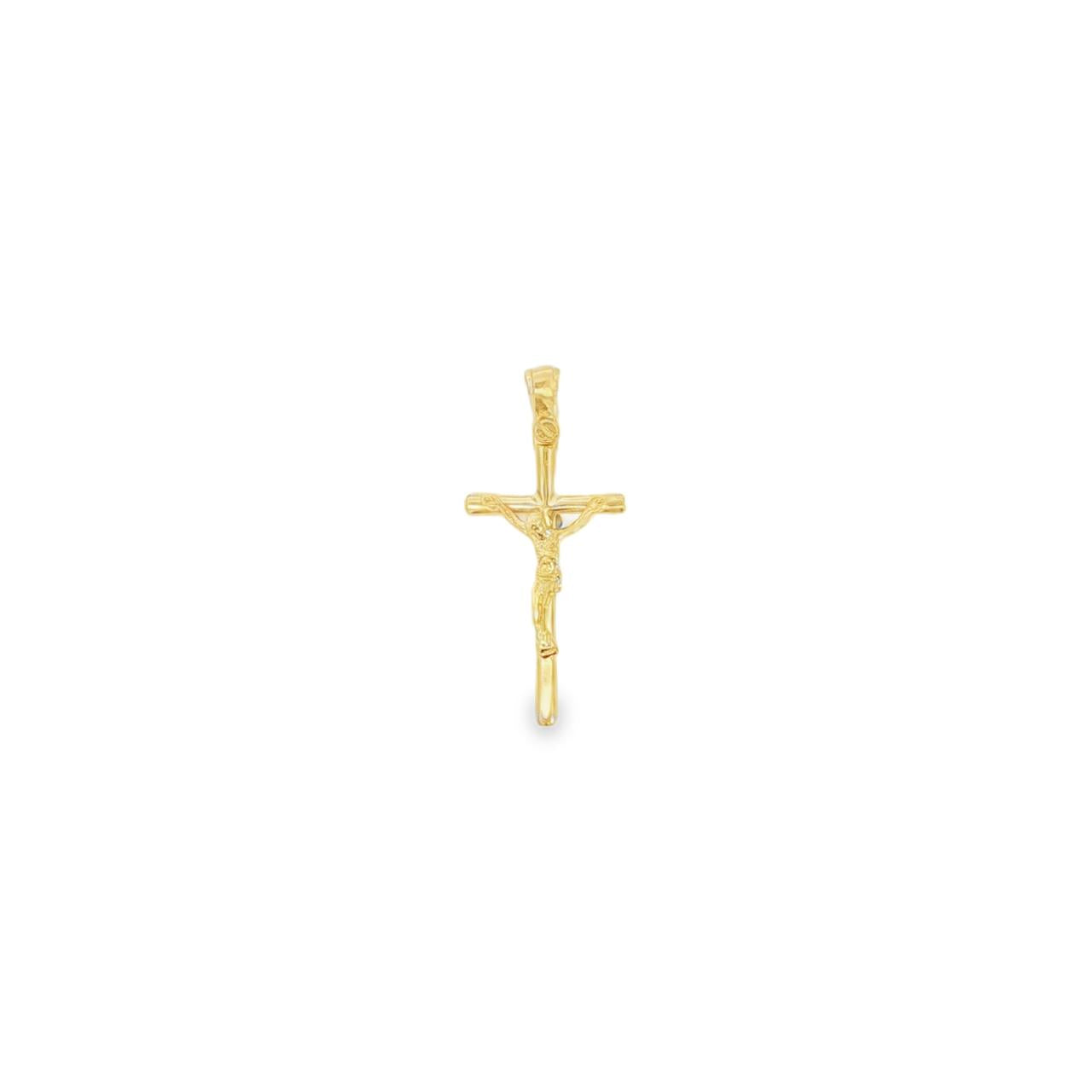 18ct yellow gold tubular crucifix cross pendant with tapered runner.