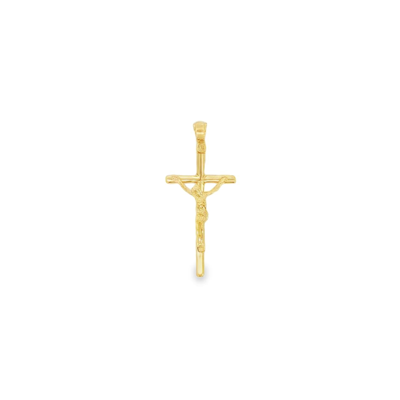 18ct yellow gold tubular crucifix cross pendant with tapered runner.