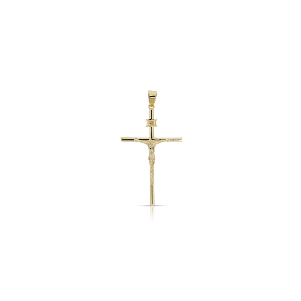 9ct yellow gold tubular crucifix pendant with Jesus figure.