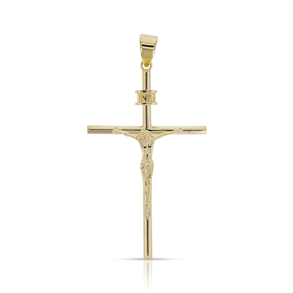9ct yellow gold tubular crucifix pendant with Jesus figure.