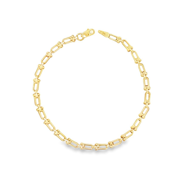 9ct yellow gold bracelet with U-shaped links and cluster bead detailing.