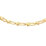 9ct yellow gold bracelet with U-shaped links and cluster bead detailing.