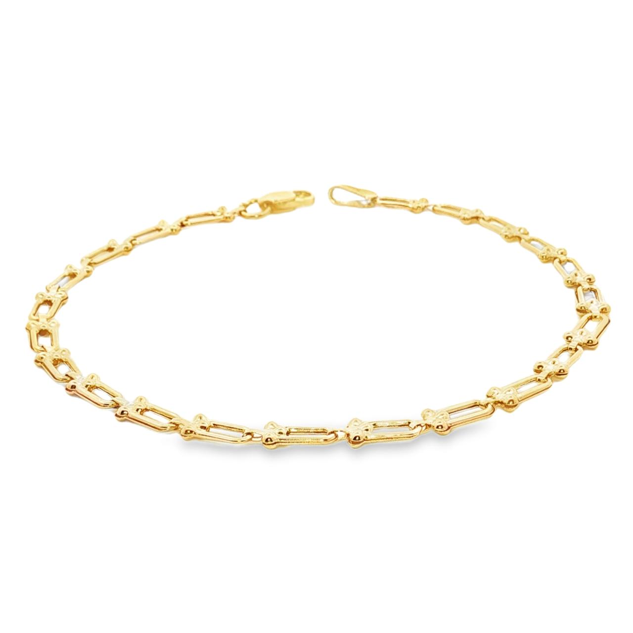 9ct yellow gold bracelet with U-shaped links and cluster bead detailing.
