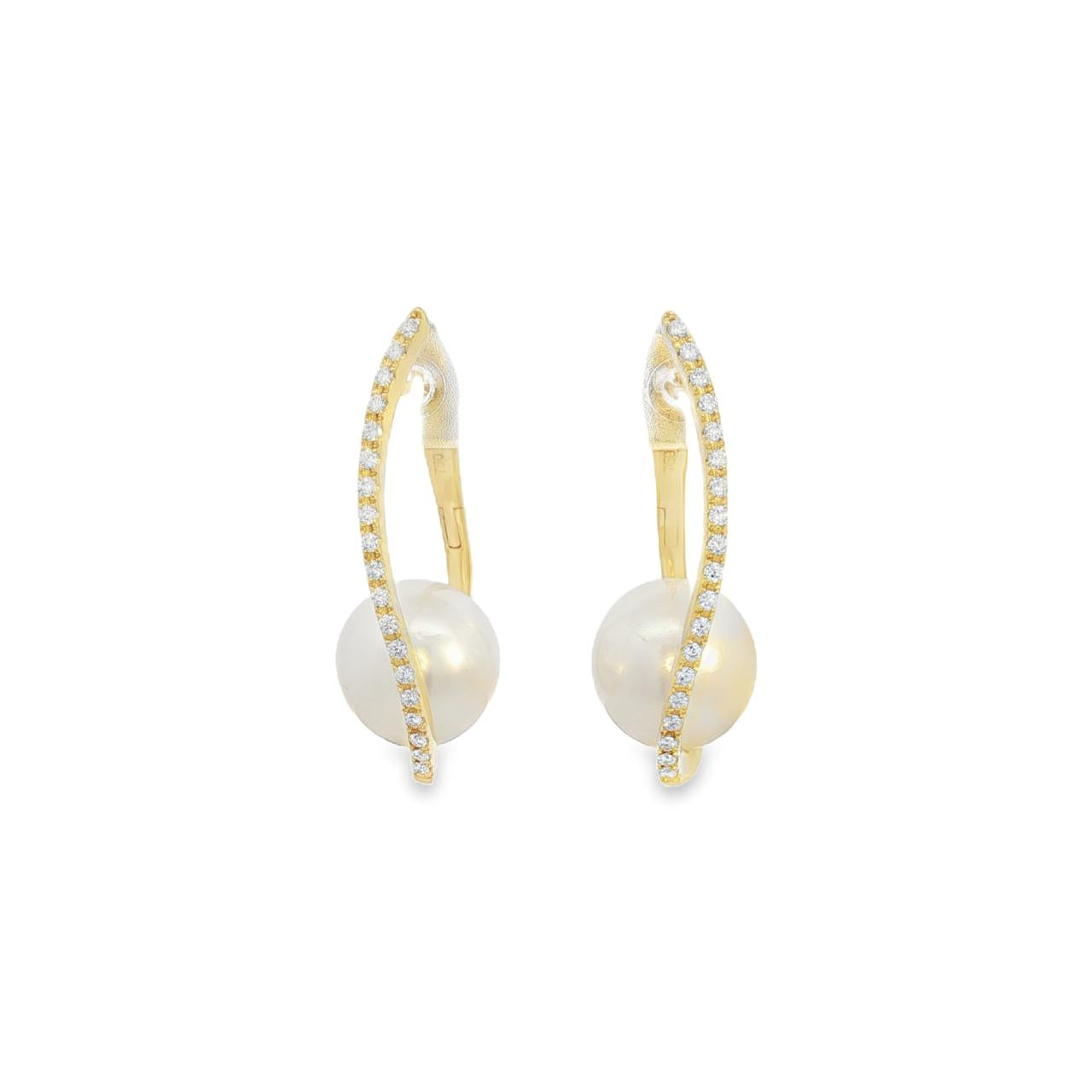 18ct yellow gold wave huggie earrings with 10mm South Sea pearls and row-set diamonds.