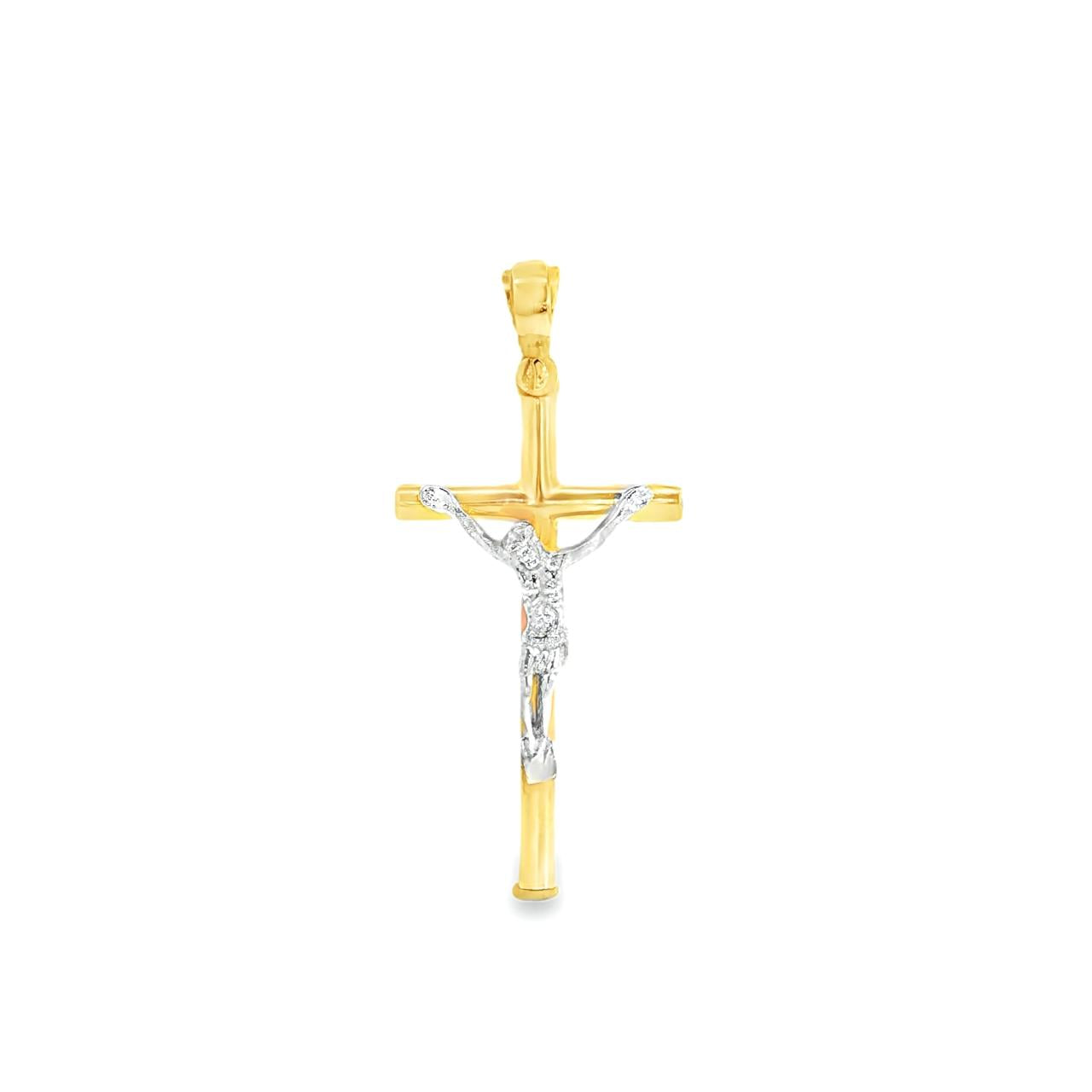 18ct yellow gold round cross pendant with white gold crucifix detail.