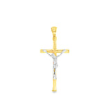 18ct yellow gold round cross pendant with white gold crucifix detail.