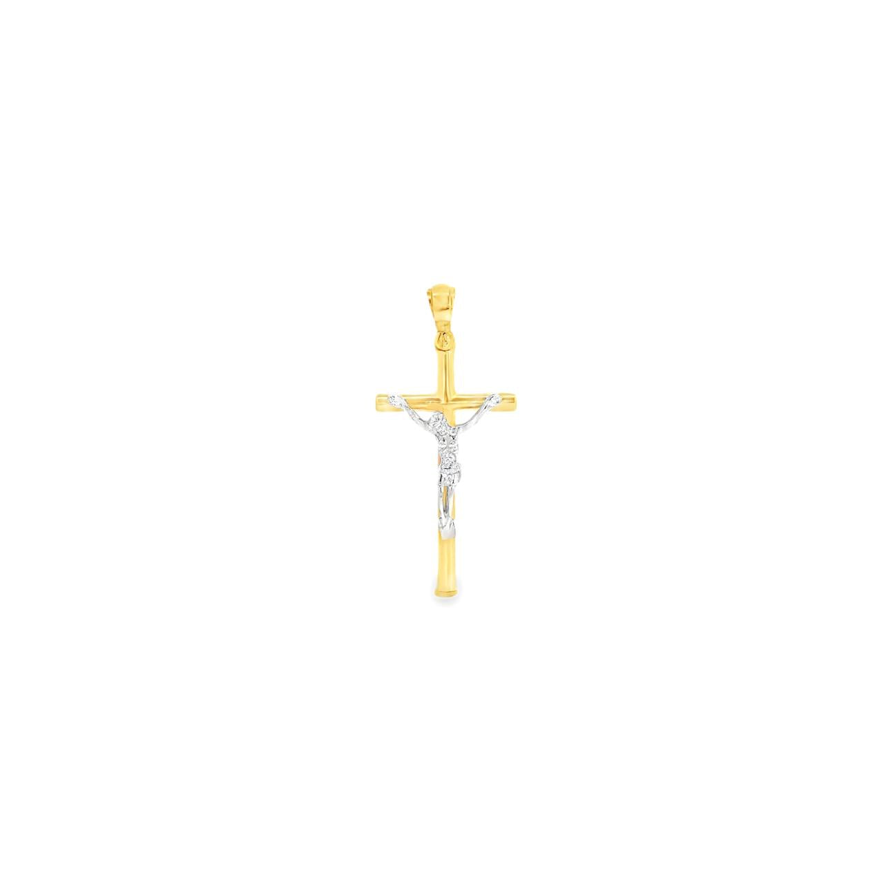 18ct yellow gold round cross pendant with white gold crucifix detail.