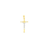 18ct yellow gold round cross pendant with white gold crucifix detail.