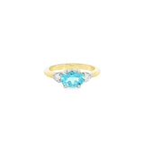 9ct yellow and white gold ring with 1.27ct horizontal oval aquamarine and triangular diamond accents.