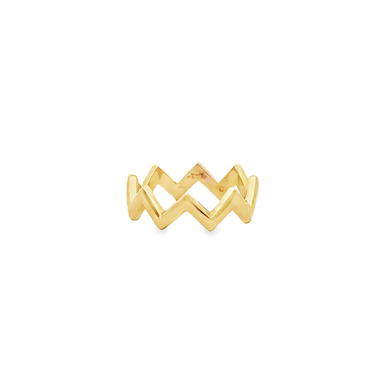 18ct yellow gold zig zag ring with modern geometric design, size M.