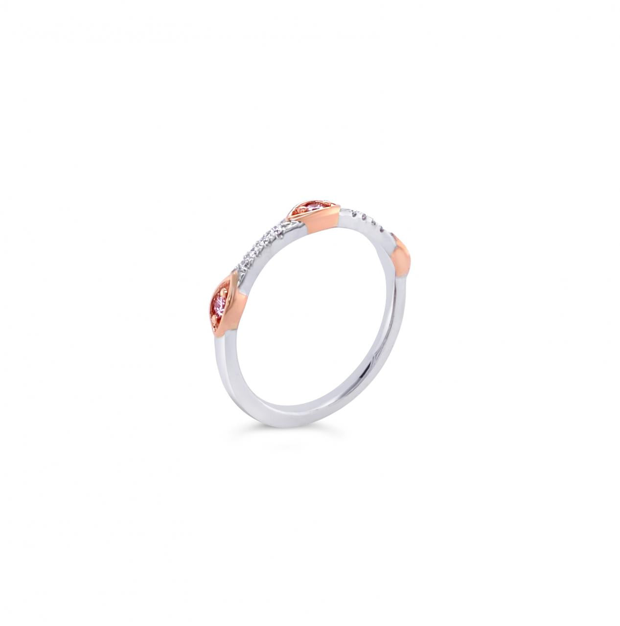 18ct white and rose gold ring featuring Argyle pink and white diamonds totalling 0.12ct in alternating marquise bead and row claw settings.