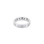 18ct white gold wedding ring featuring alternating baguette and princess cut diamonds totalling 0.19ct, pressure set into a flat 2.1mm band.