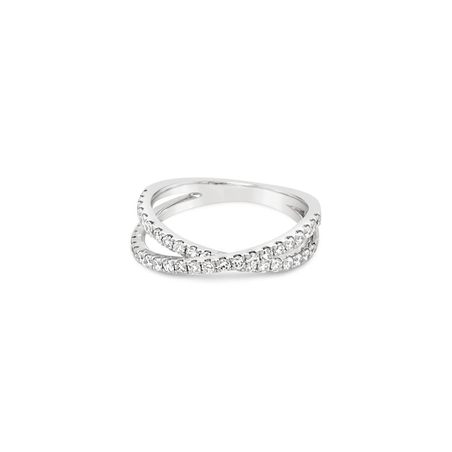 18ct white gold ring featuring 43 round brilliant cut diamonds totalling 0.52ct in two intersecting crossover claw-set rows.