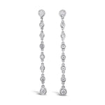 18ct white gold diamond drop earrings with 16 individually bezel-set round brilliant cut diamonds, G–H colour, VS–SI clarity, and post and butterfly fittings.