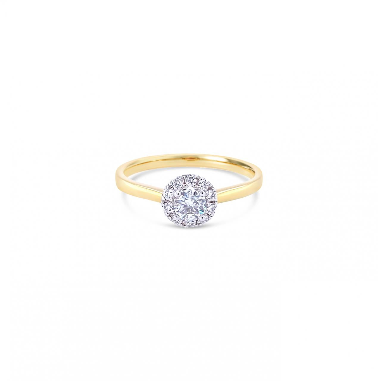 18ct yellow and white gold diamond halo ring featuring a 0.20ct centre diamond with a halo of ten smaller round brilliant cut diamonds.