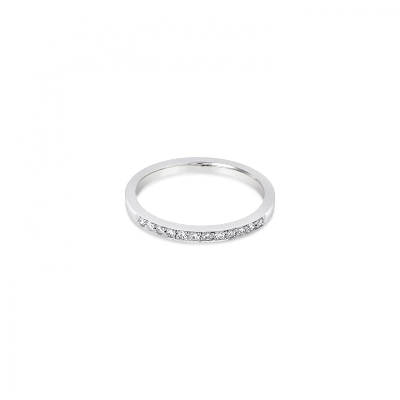 18ct white gold wedding ring featuring twelve round brilliant cut diamonds totalling 0.12ct in fine bead settings across the top.