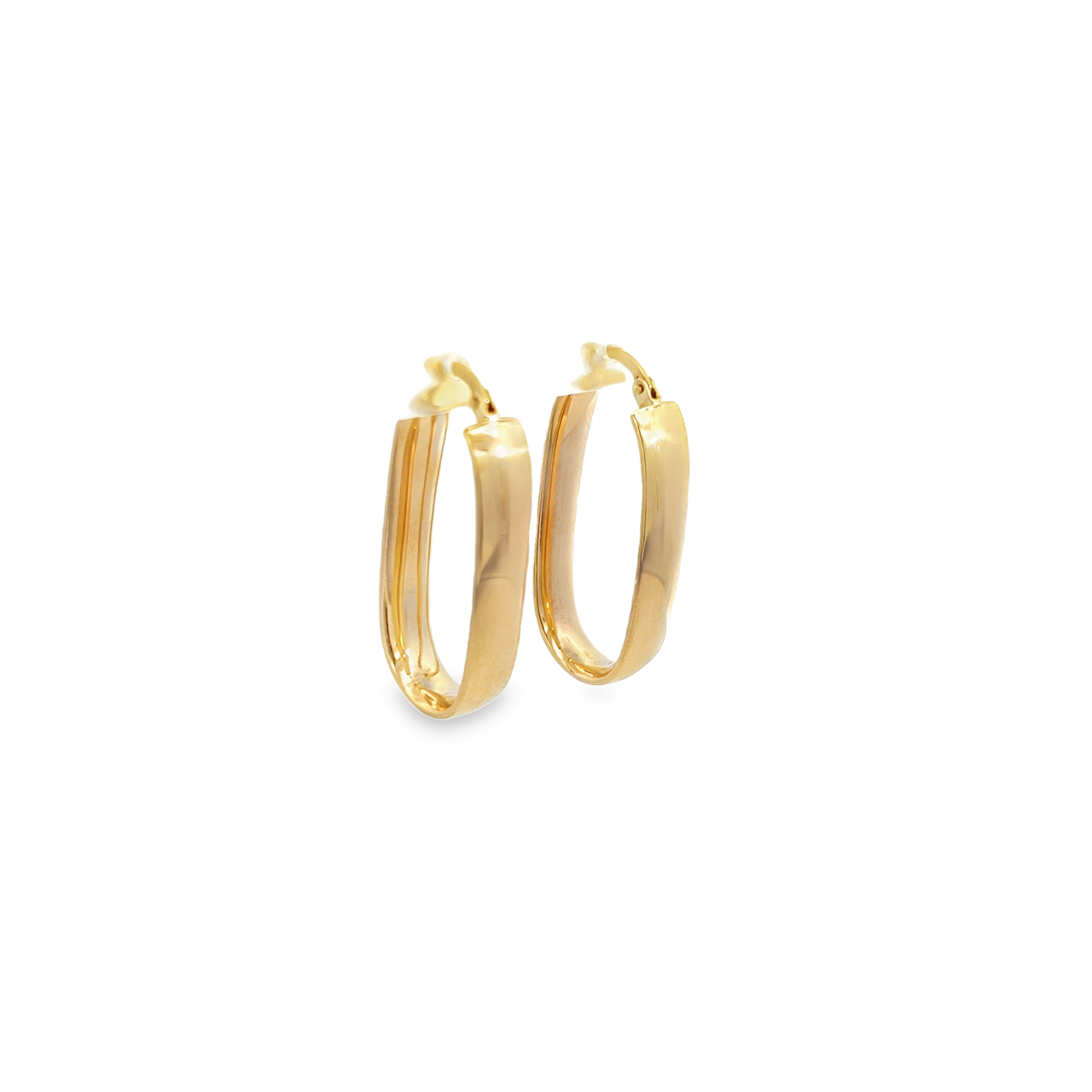 9ct yellow gold elongated oval hoop earrings featuring a flat polished design with secure post and clip fittings.