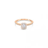 An 18ct rose gold diamond halo ring with an emerald cut central diamond and a halo of round diamonds around it.