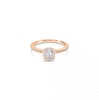 An 18ct rose gold diamond halo ring with an emerald cut central diamond and a halo of round diamonds around it.