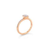 18ct rose gold emerald cut diamond halo ring with diamond-set shoulders.