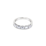 18ct white gold ring featuring five horizontally set emerald cut diamonds totalling 0.92ct in refined claw settings.