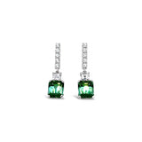 18ct white gold drop earrings featuring emerald-cut green tourmalines with diamond-set bar tops, carré cut accents, and articulated four-claw drops.