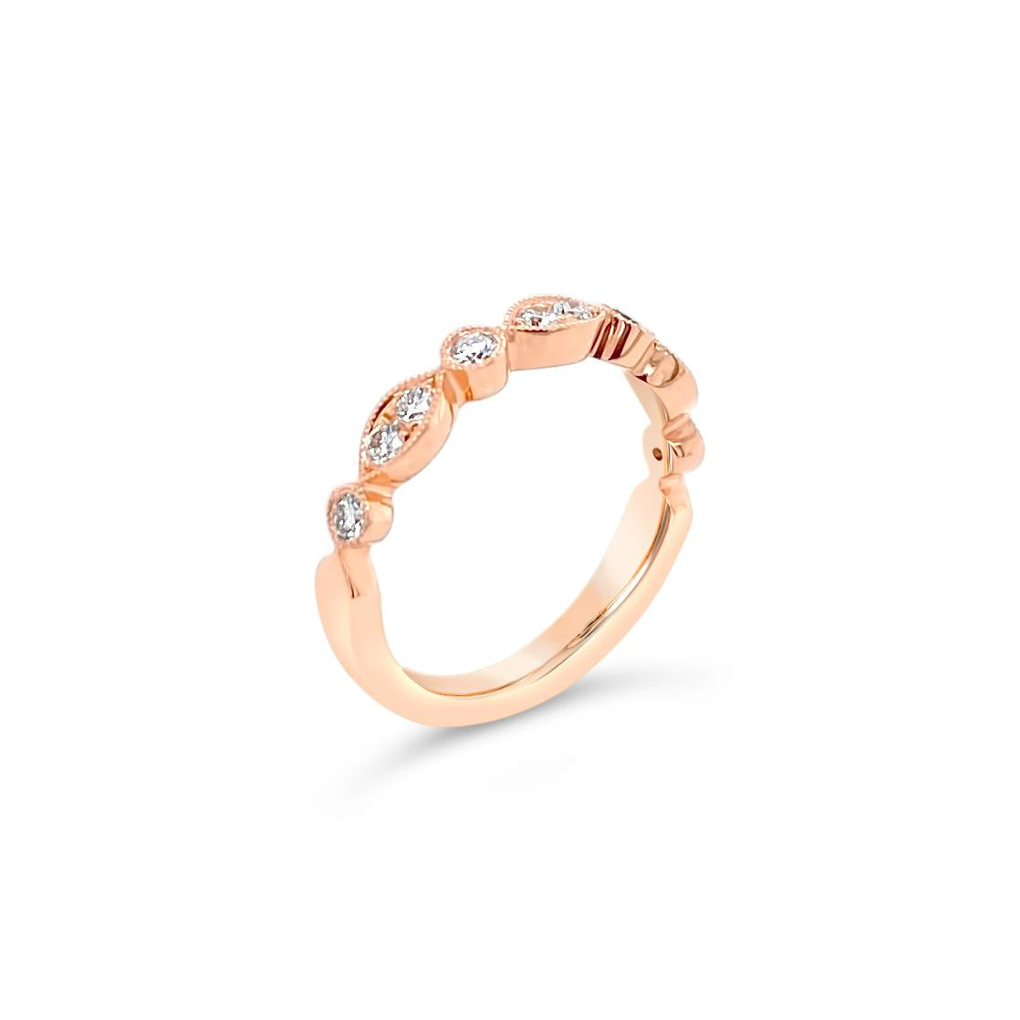 18ct rose gold diamond ring featuring ten round brilliant cut diamonds totalling 0.32ct in alternating marquise and round-shaped settings across the top.