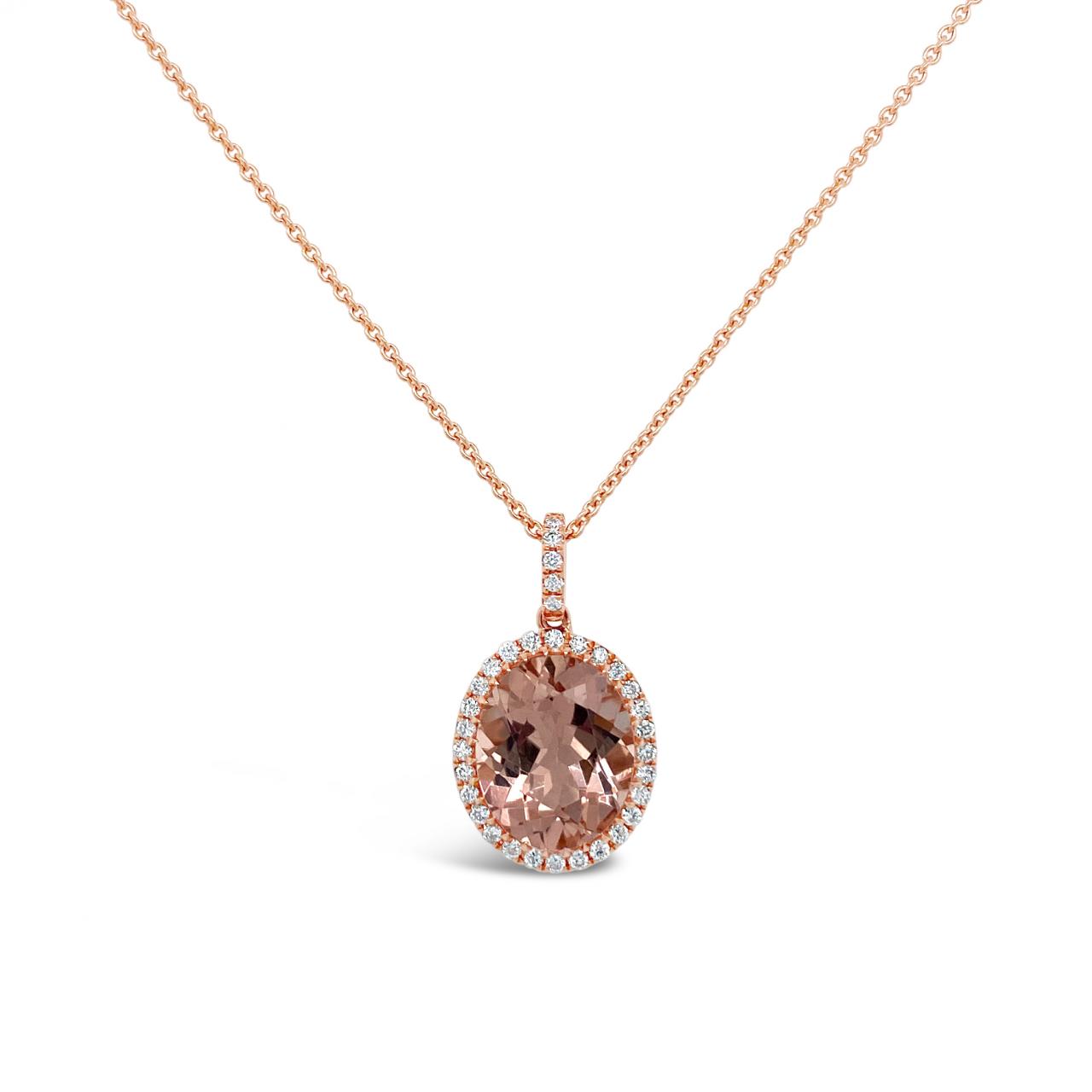 18ct rose gold pendant featuring a 3.09ct oval-cut morganite with an oval diamond halo surround and diamond-set pendant runner for a refined, romantic finish.
