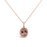 18ct rose gold pendant featuring a 3.09ct oval-cut morganite with an oval diamond halo surround and diamond-set pendant runner for a refined, romantic finish.