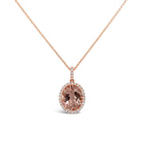 18ct rose gold pendant featuring a 3.09ct oval-cut morganite with an oval diamond halo surround and diamond-set pendant runner for a refined, romantic finish.