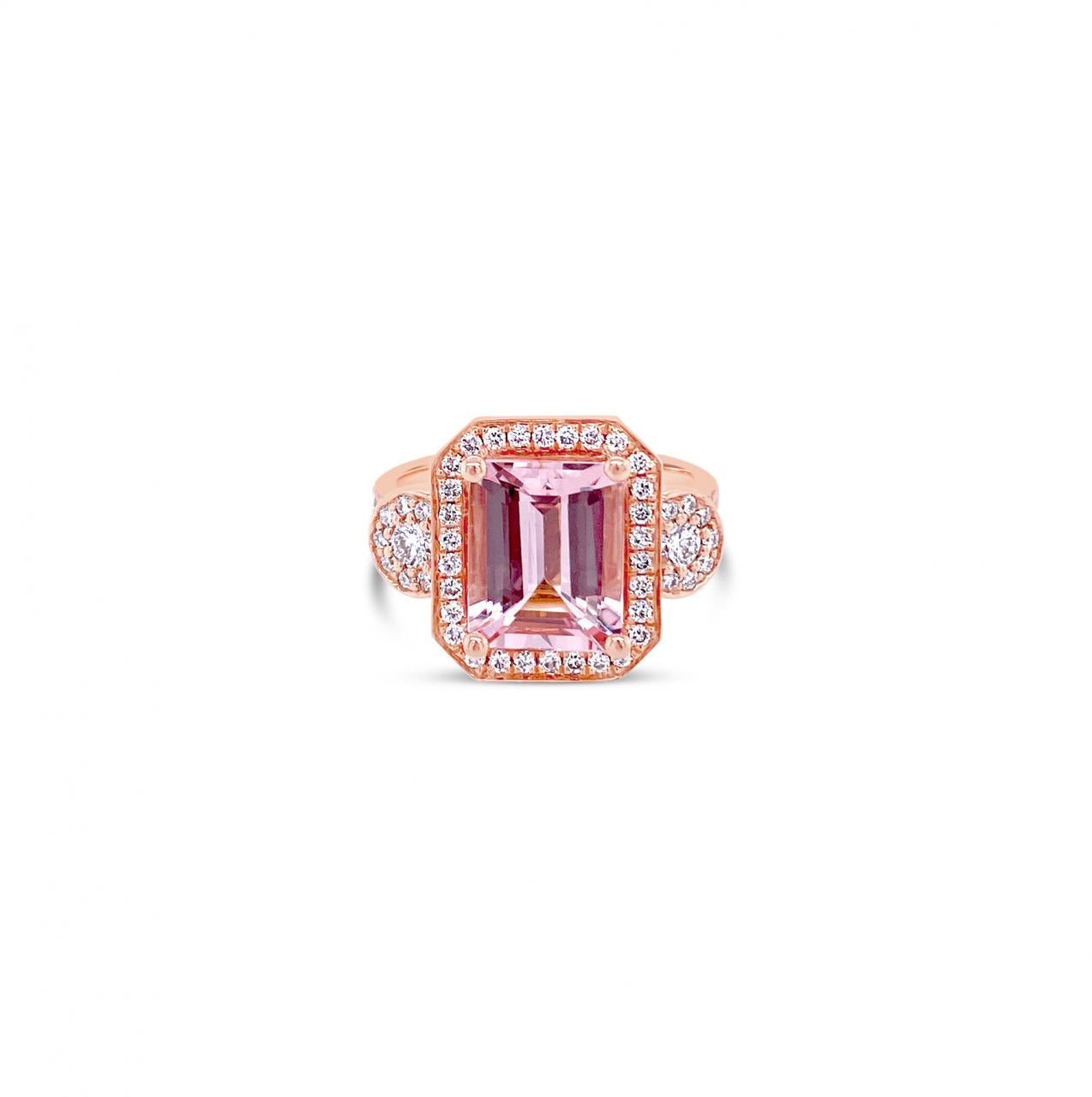 18ct rose gold ring featuring a 2.60ct emerald-cut morganite with dome-shaped diamond clusters and bead-set diamond shoulders.