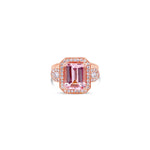 18ct rose gold ring featuring a 2.60ct emerald-cut morganite with dome-shaped diamond clusters and bead-set diamond shoulders.