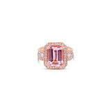 18ct rose gold ring featuring a 2.60ct emerald-cut morganite with dome-shaped diamond clusters and bead-set diamond shoulders.
