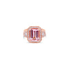 18ct rose gold ring featuring a 2.60ct emerald-cut morganite with dome-shaped diamond clusters and bead-set diamond shoulders.