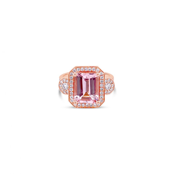 18ct rose gold ring featuring a 2.60ct emerald-cut morganite with dome-shaped diamond clusters and bead-set diamond shoulders.