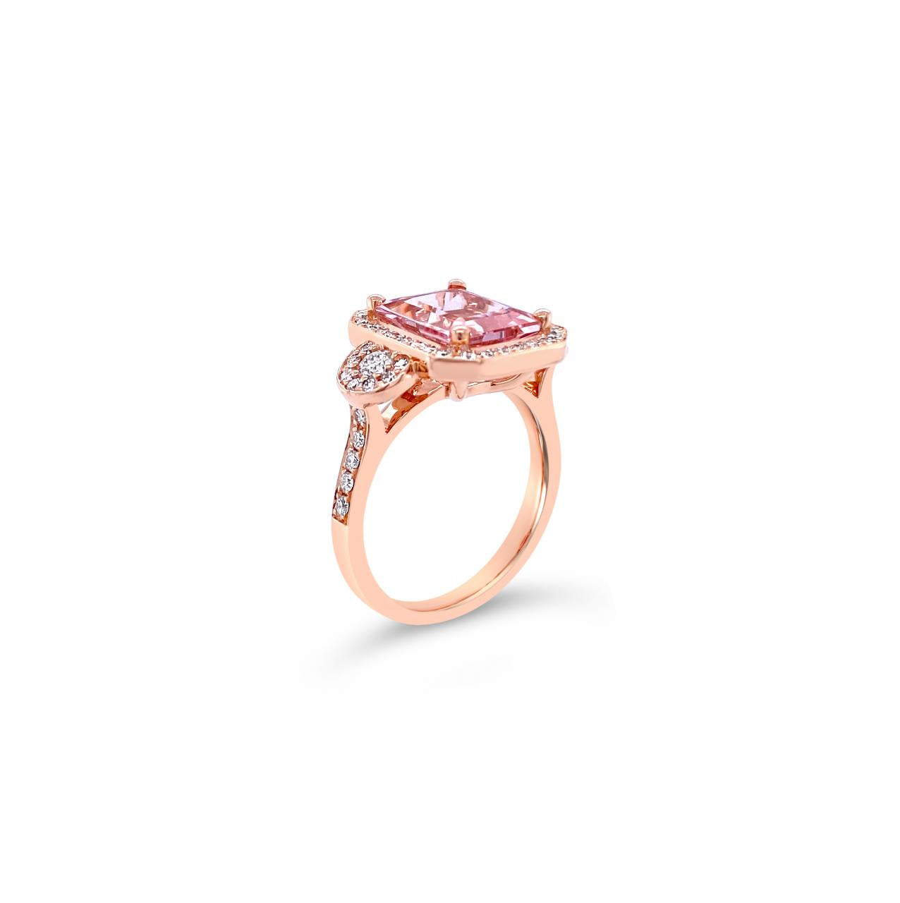 18ct rose gold ring featuring a 2.60ct emerald-cut morganite with dome-shaped diamond clusters and bead-set diamond shoulders.