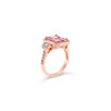 18ct rose gold ring featuring a 2.60ct emerald-cut morganite with dome-shaped diamond clusters and bead-set diamond shoulders.