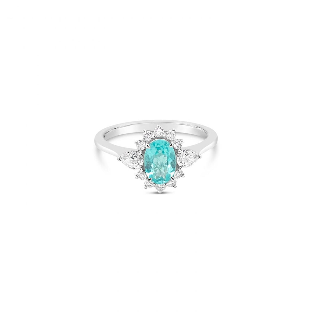18ct white gold Paraiba tourmaline and diamond ring featuring a 0.67ct oval-cut centre stone, halo surround, and pear-cut diamonds on either side.