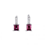 18ct white gold stud earrings featuring round pink tourmalines surrounded by princess cut diamonds, secured with post and butterfly fittings.
