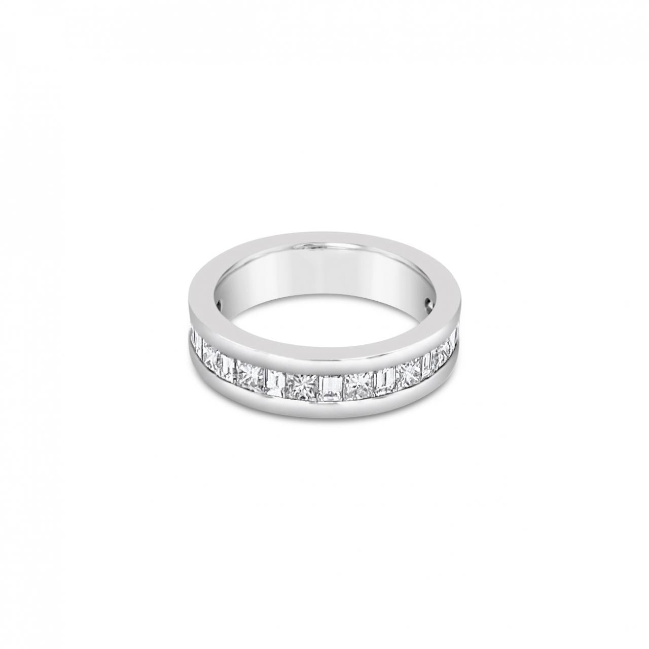 18ct white gold wedding ring featuring alternating princess and baguette cut diamonds totalling 1.25ct in a channel-set design.