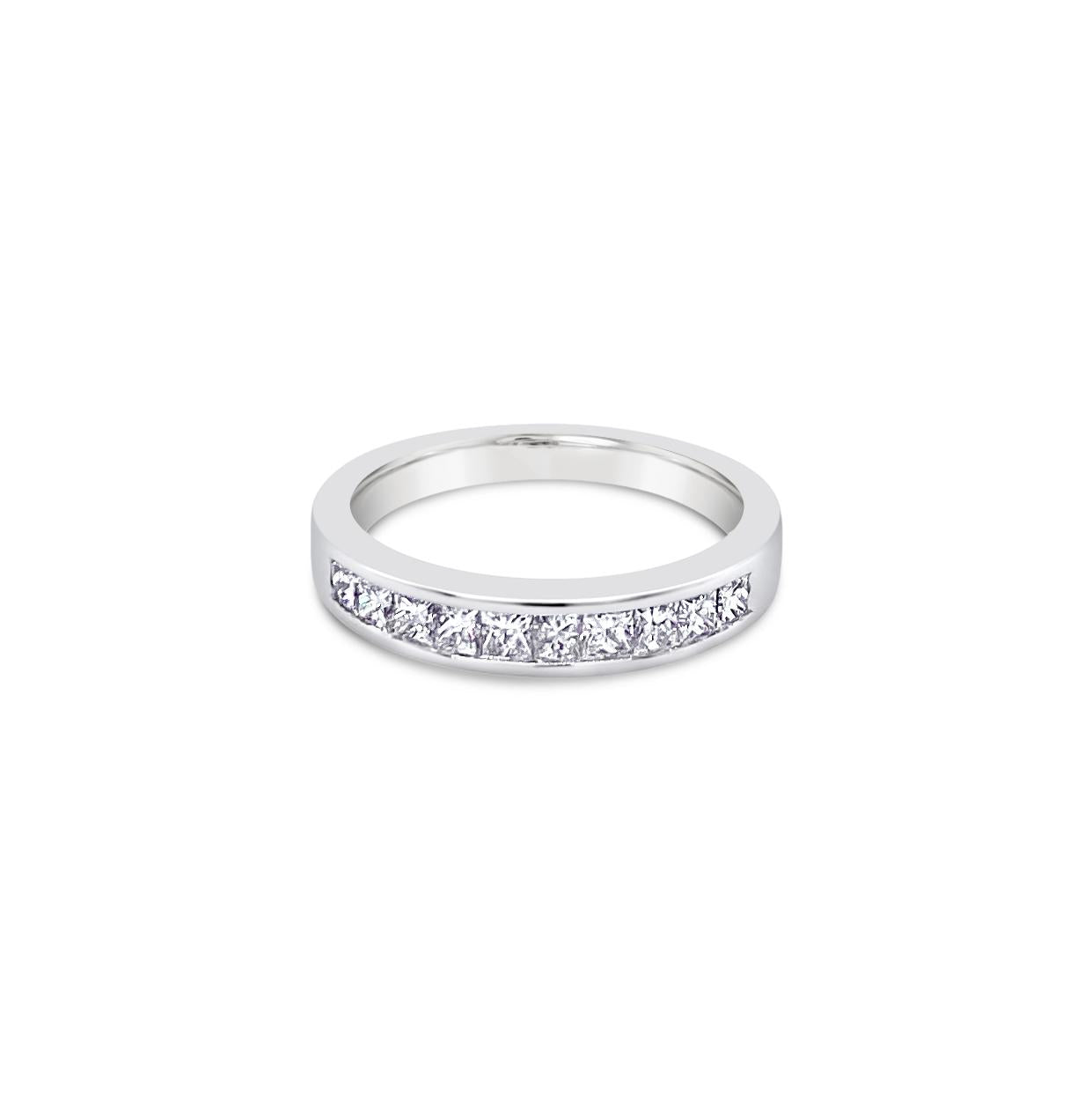 18ct white gold ring featuring ten princess cut diamonds totalling 0.60ct in a classic channel set design.