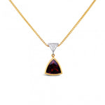 Handcrafted 18ct yellow gold pendant featuring a trillion-cut 2.11ct rhodolite garnet and 0.25ct FG/VS trillion-cut diamond, both in smooth bezel settings.