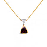 Handcrafted 18ct yellow gold pendant featuring a trillion-cut 2.11ct rhodolite garnet and 0.25ct FG/VS trillion-cut diamond, both in smooth bezel settings.