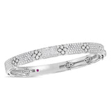 Roberto Coin Love in Verona 18ct white gold diamond bangle with pavé flower motifs and signature hidden rubies inside the clasp.