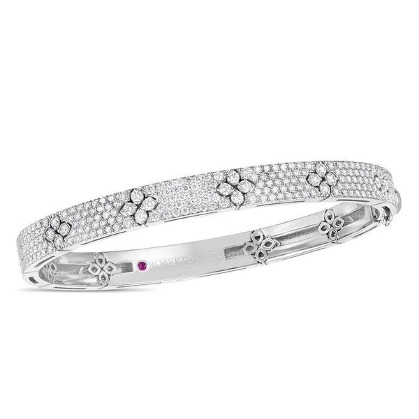 Roberto Coin Love in Verona 18ct white gold diamond bangle with pavé flower motifs and signature hidden rubies inside the clasp.