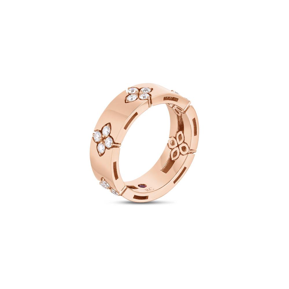 Roberto Coin Love in Verona ring in 18ct rose gold featuring 20 round brilliant cut diamonds and a signature hidden ruby inside the polished 6mm band.